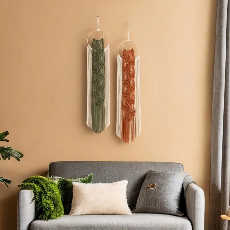 New Bohemian Style Bamboo Ring Tapestry Hand Woven Leaf Colorful Wall Hanging Decor