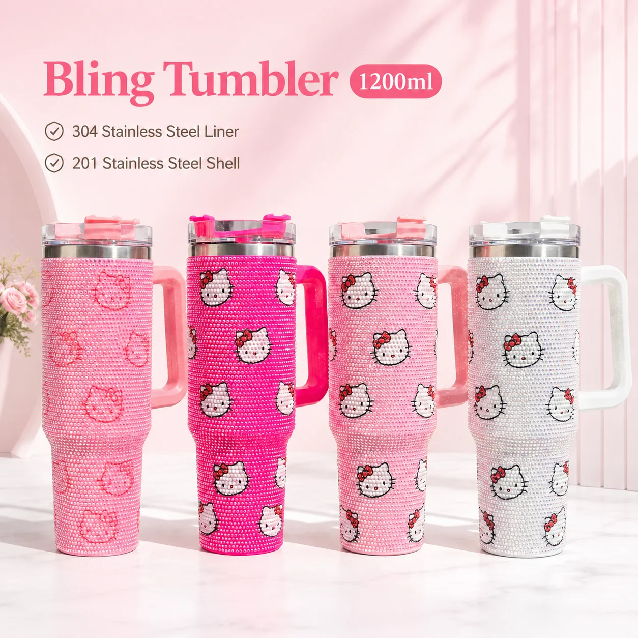 Sanrio Hello Kitty 1200ML Großvolumiger Isolierter Becher mit Griff für Kalt- und Heißgetränke, Glitzernder Kristall-Trinkbecher für Auto und Reisen, Strass-Wasserbecher