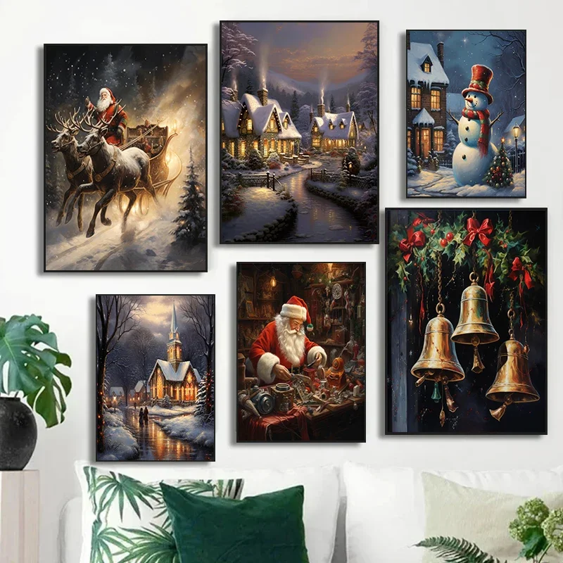 Canvas Painting Winter Christmas Presents Gingerbread House Elk Snowman Santa Claus Poster Wall Art Pictures Home Wall Decor