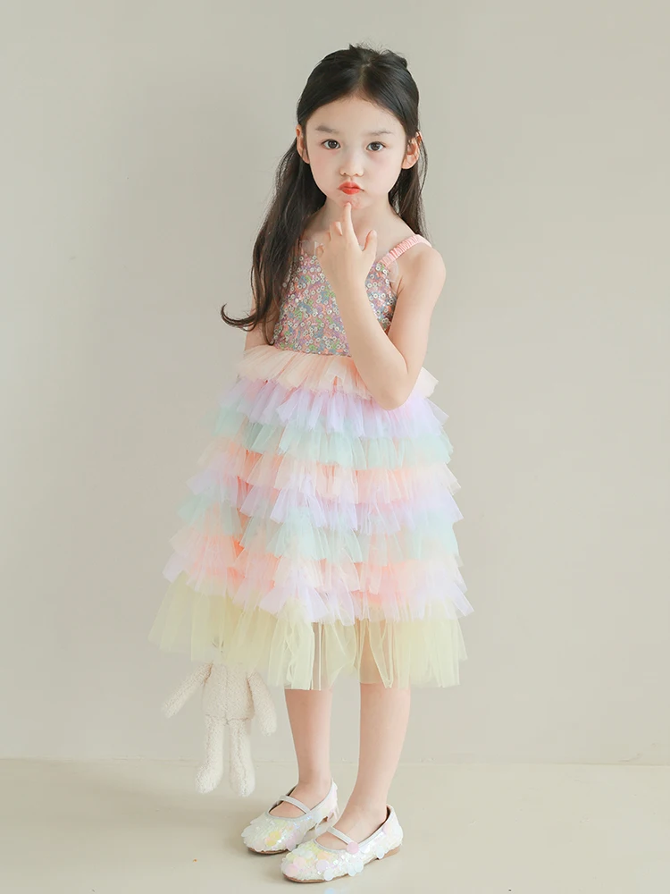 

2024 Girl Rainbow Cake Dress Sequin Girls Princess Dresses Summer Sleeveless Tulle Vestidos Children Sweet Birthday Party Frocks