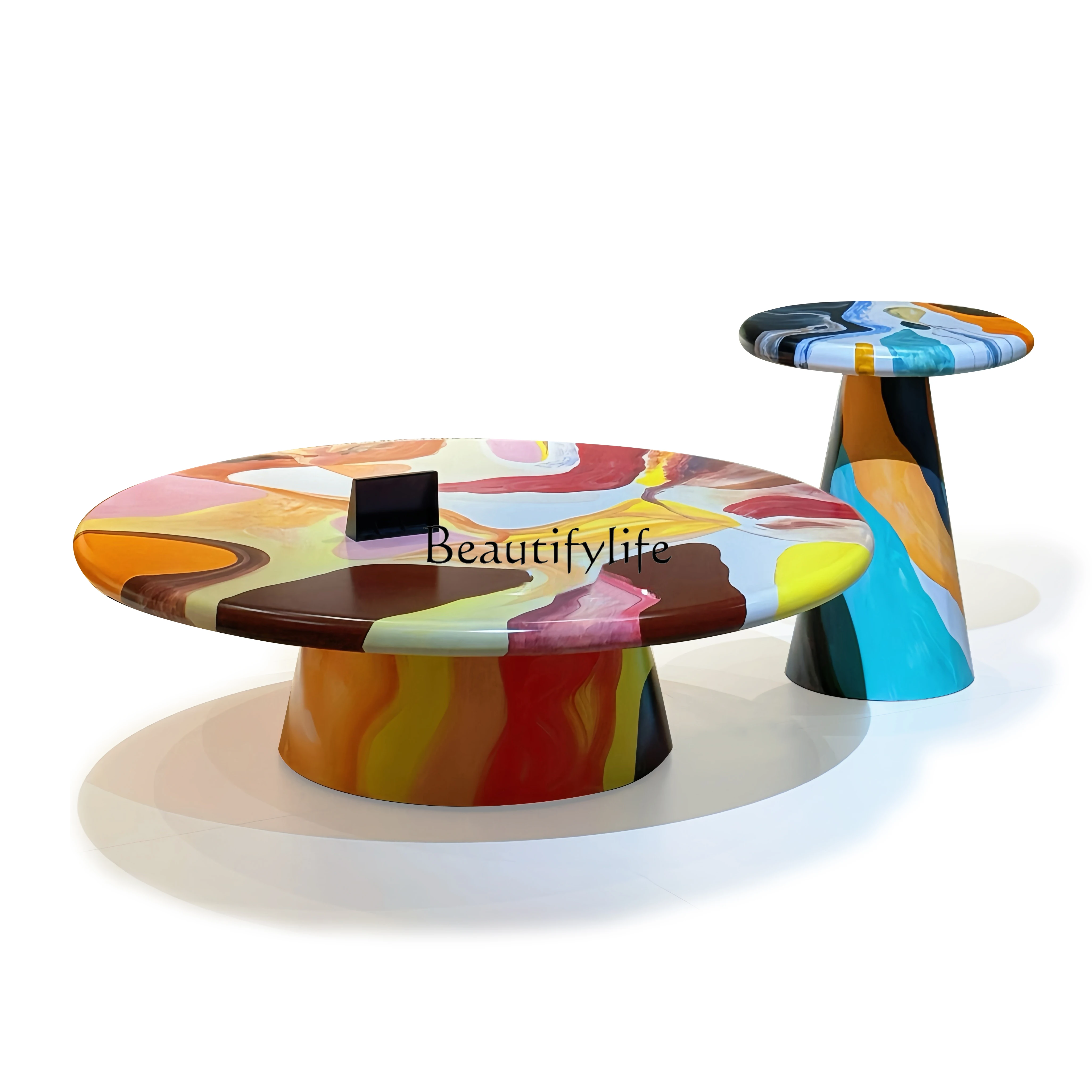 

Painted round coffee table living room home art side table combination