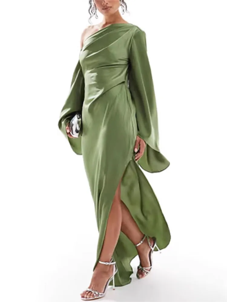 

Vestidos Para Mujer Sexy Solid Irregular Dress For Women Elegant Skew Collar Backless Long Dresses Flare Sleeve Slit Party Dress