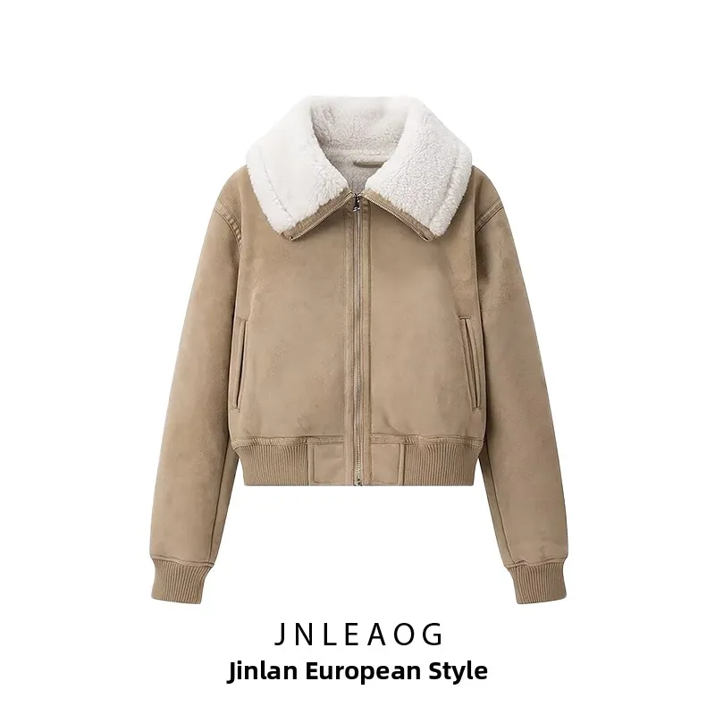 

JNLEAOG Модная универсальная кожано-меховая куртка-пальто женская, уличный стиль, длинный рукав, на молнии, осенняя новинка