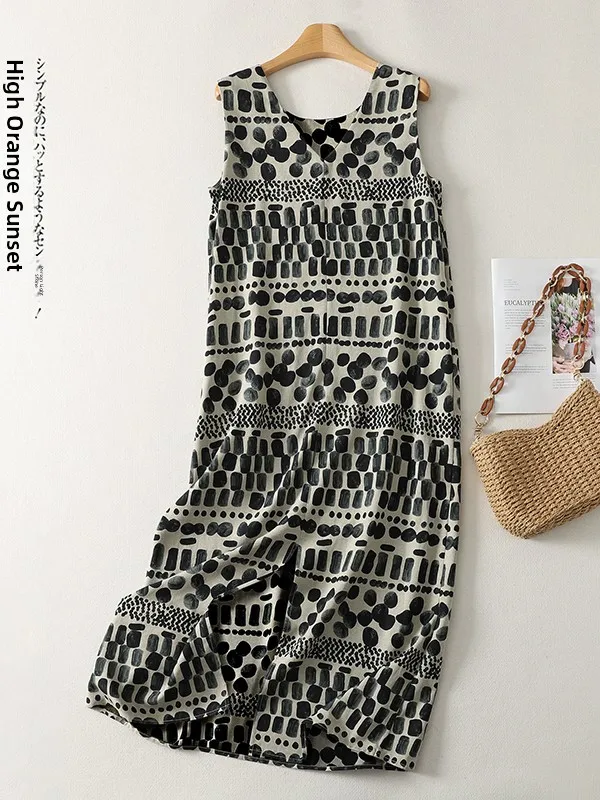 

Элегантное летнее женское платье макси с принтом, больших размеров, модное, свободное, повседневное, А-силуэт, с V-образным вырезом, без рукавов, в художественном стиле