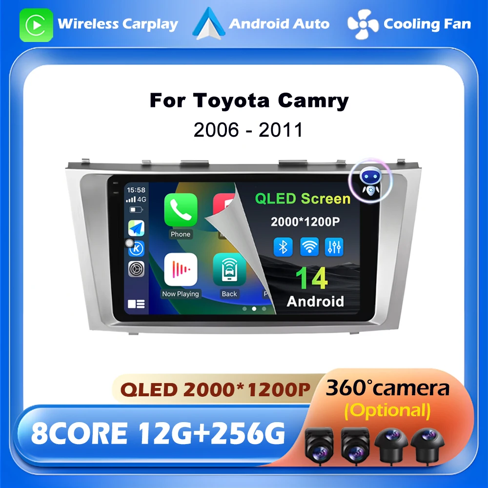 

Беспроводной автомобильный радиоприемник Carplay Android 14, мультимедийный видеоплеер для Toyota Camry 7 XV 40 50 2006-2011, навигация, GPS, 4G, головное устройство