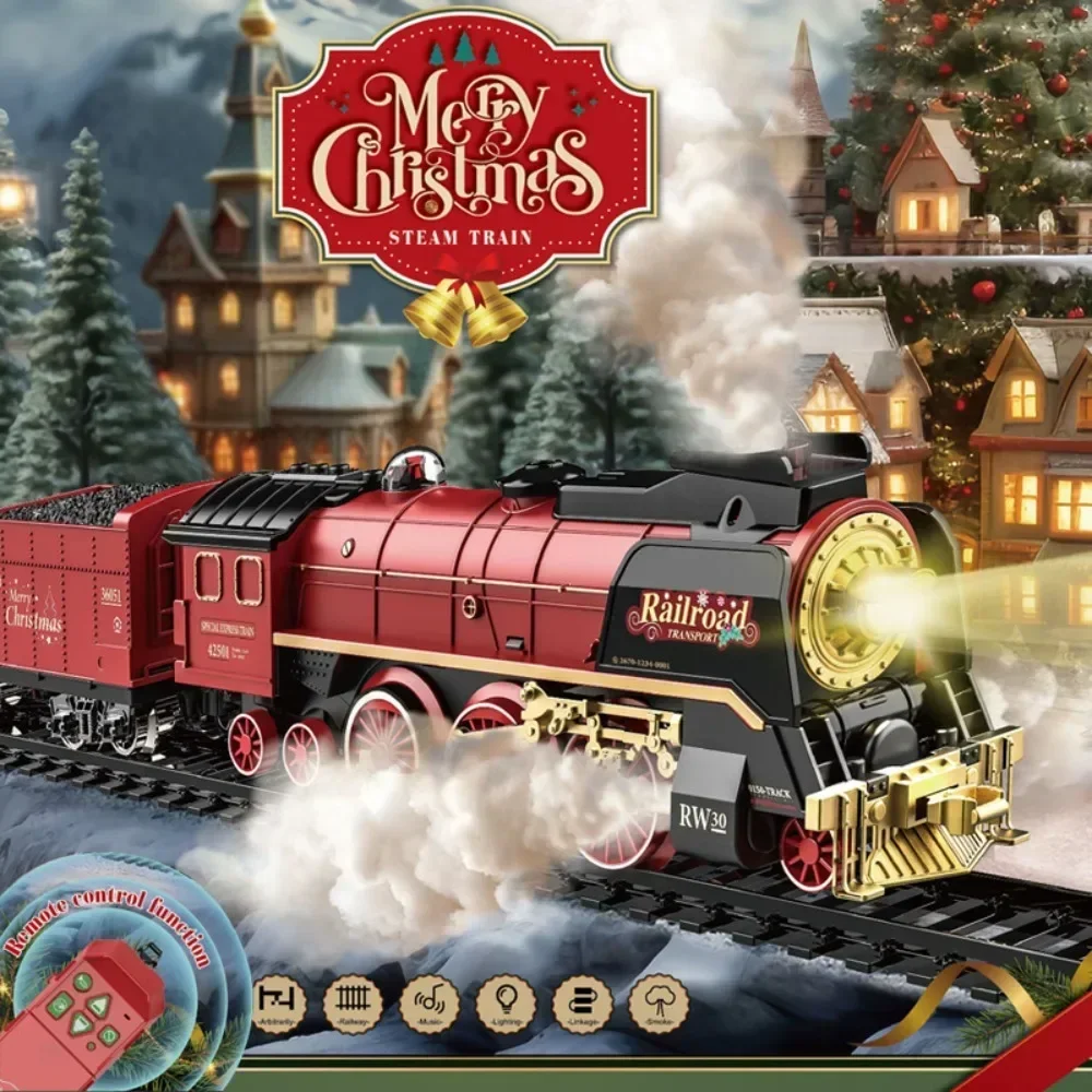 Trenino Elettrico Di Natale Con Fumo Luci E Suoni – Set Da 4 Vagoni + Binari Regolabili Per Bambini 4-10 Anni
