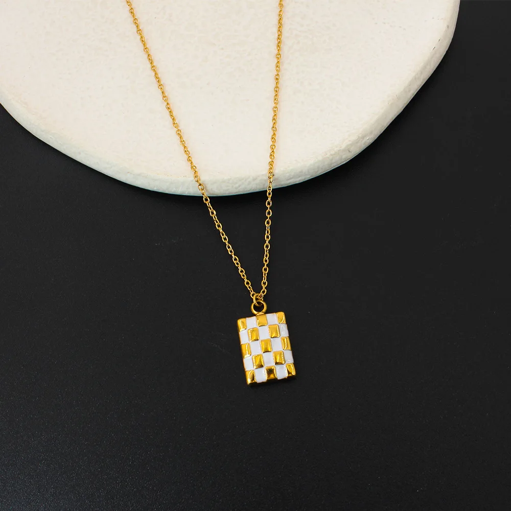 USENSET Stainless Steel Enamel Pendant Necklace Fashion Exquisite Checker Board Mesh Personality Women's Jewelry