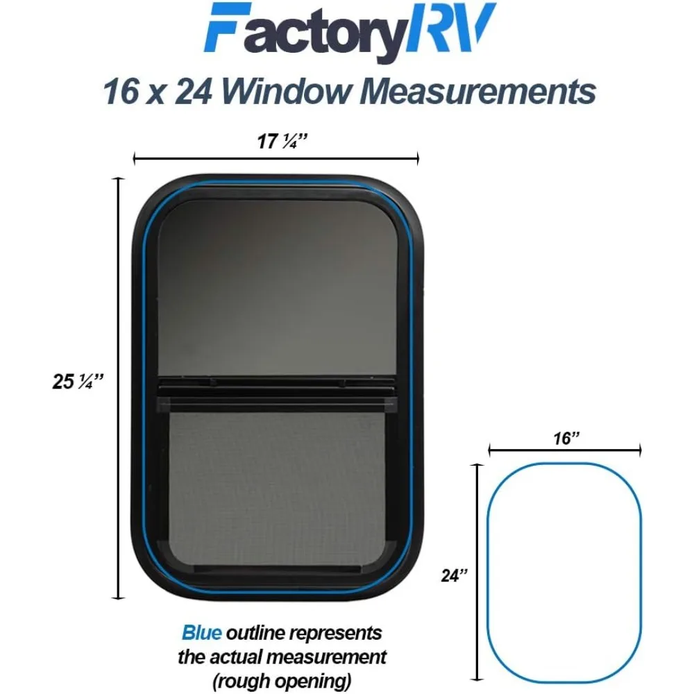 نافذة RV سوداء منزلقة عمودية مقاس 16 × 24 × 1.5 مع حلقة تثبيت وشاشة سفلية #2
