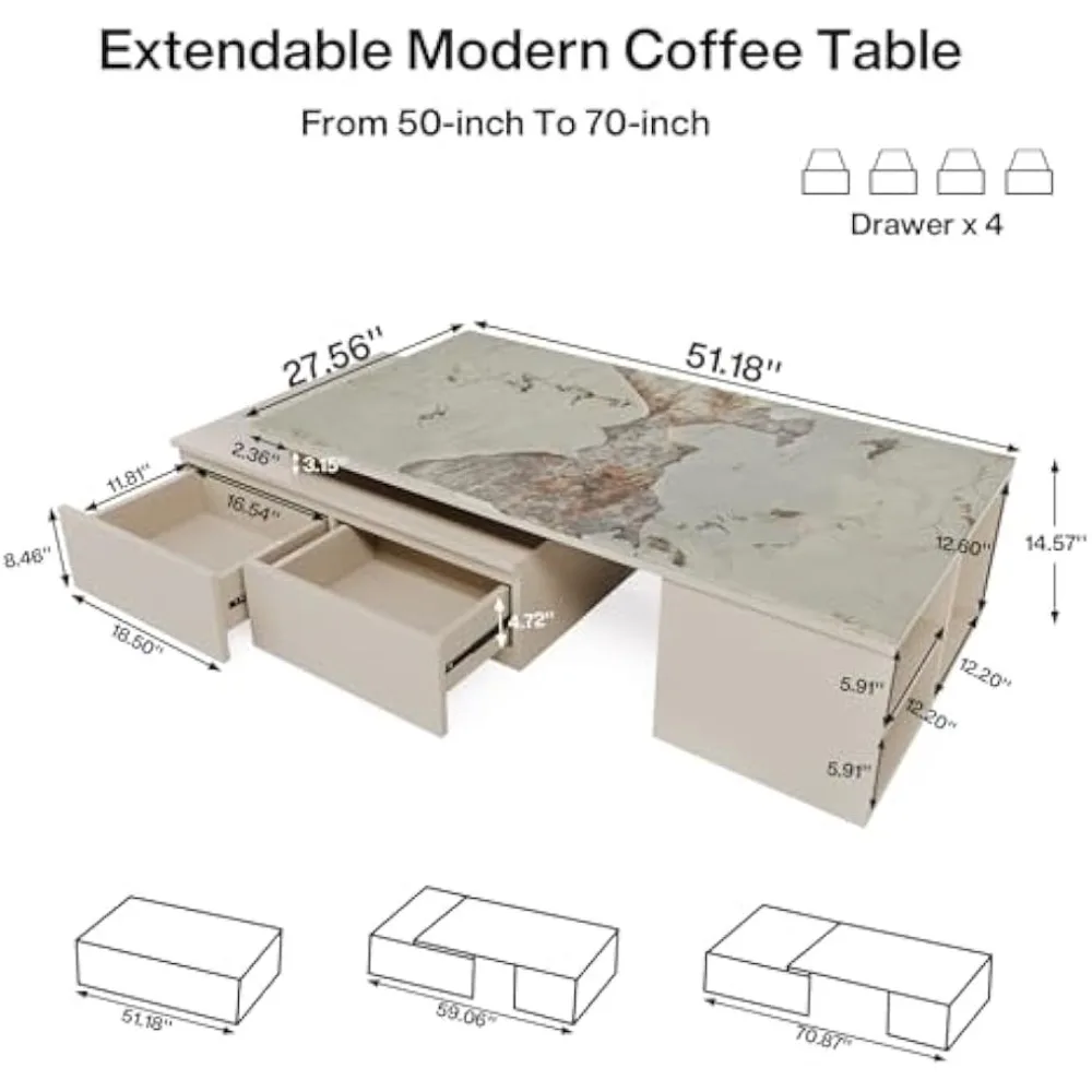 Mesa de centro extensível com 4 gavetas e prateleira de armazenamento, centro moderno de 51 a 71 polegadas para sala de estar