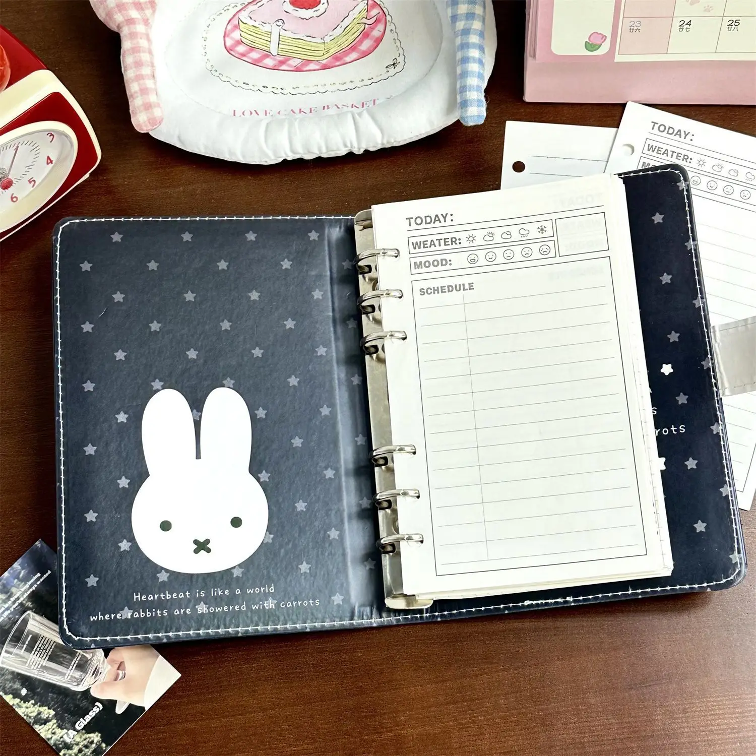 2026 New Black Star Miffy A6 PU Magnetic Loose-leaf Notebook Ins Cute Student Journal Schedule Planner Cartoon Kawaii Lovely