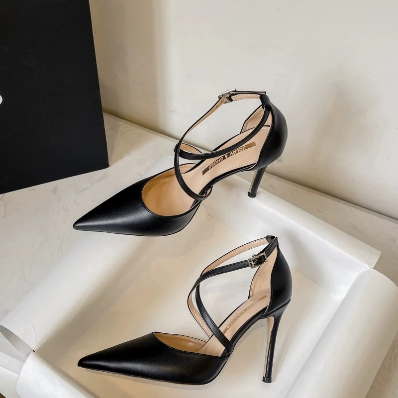 2026 Trendy Ladies Hollow Cross Band Slim Heeled Sandals, Pointed Closed Toe Elegant Dress Heels for Multi Scenarios