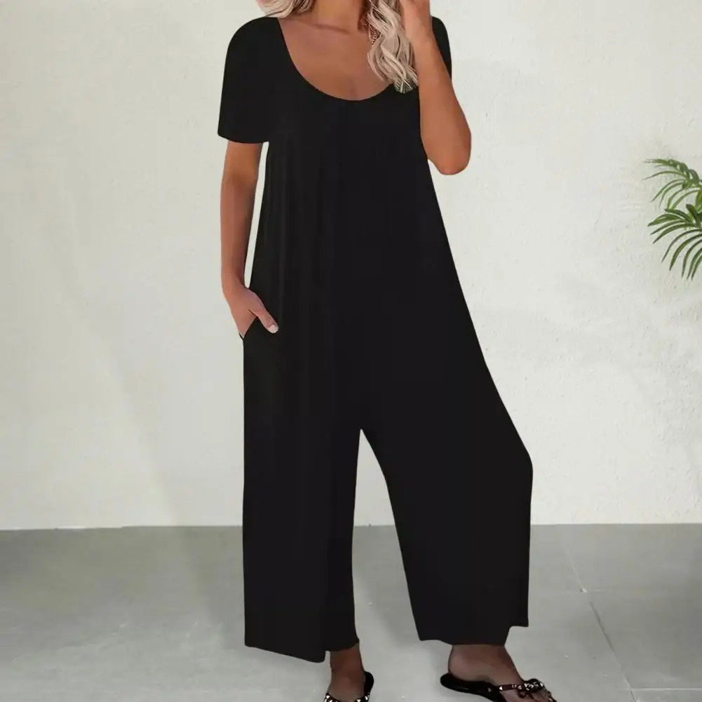 Summer Women Jumpsuit O Neck Wide Leg Deep Crotch Loose Side Pockets Pullover Casual Daily Wear Ankle Length Jumpsuit 여성 점프슈트