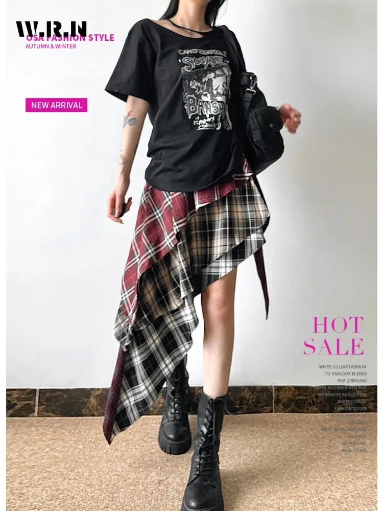 2024 Summer Hotsweet Style Plaid Print Y2k Aasymmetrical Skirts Women\'s Vintage High Waist Slim Fit Casual Sweet Mini Skirt