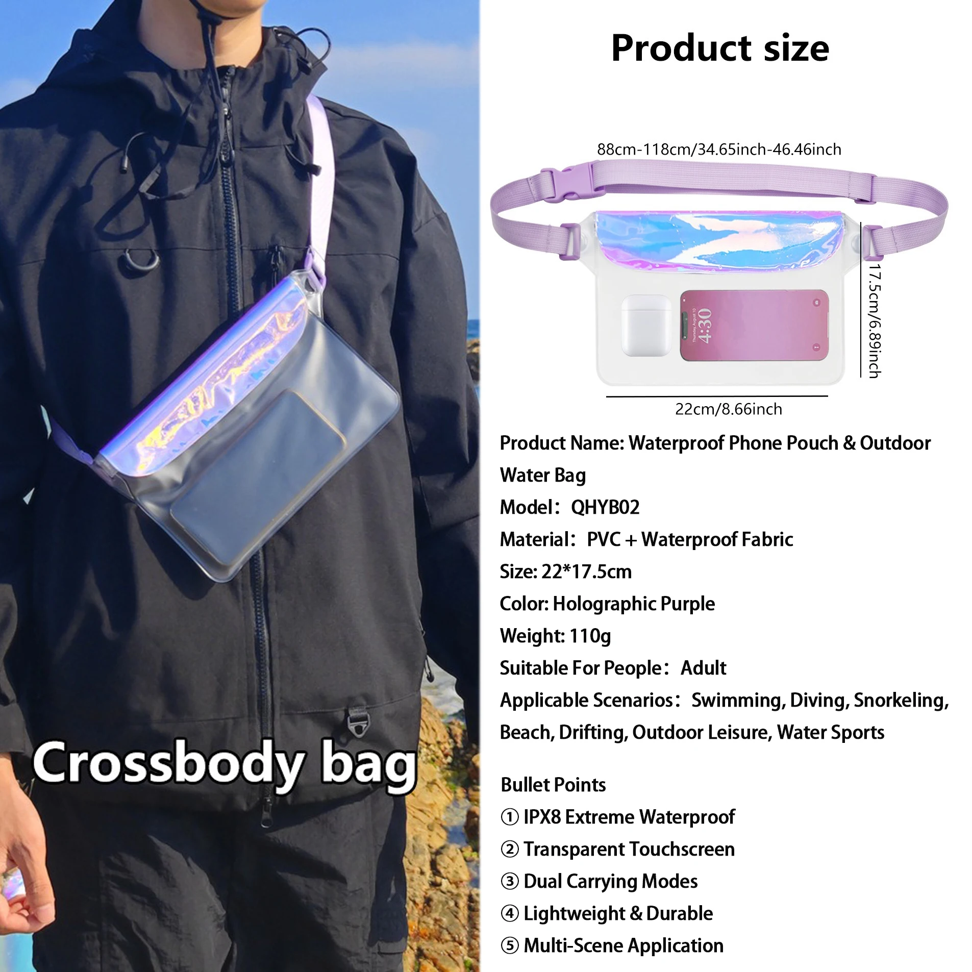 IPX8 방수 폰 파우치 야외 투명 터치 가능한 허리 가방 크로스바디 가방 수영 다이빙 스노클링 해변 드리프팅용