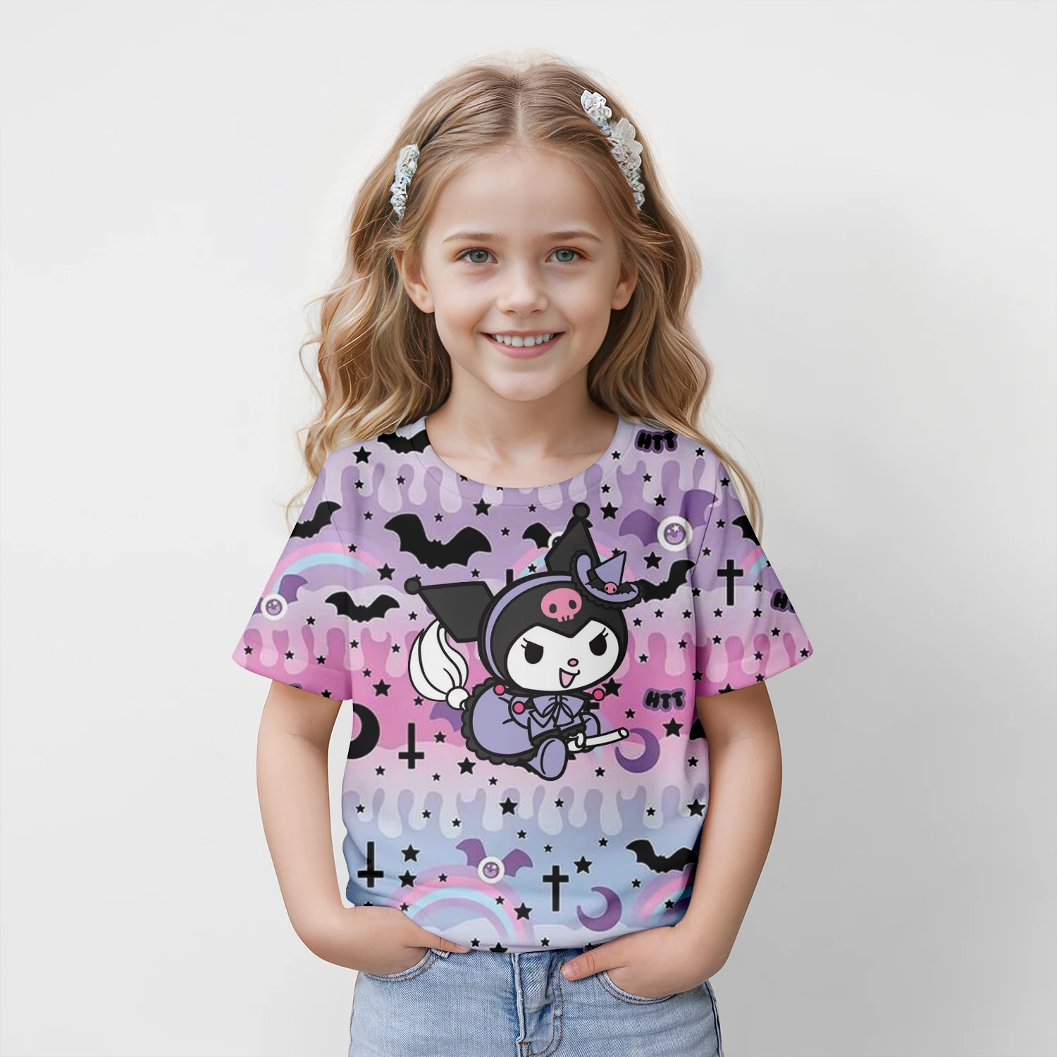 MINISO New Summer Children\'s T-shirt Kuromi 3D Printed Girl\'s Fashion Cartoon Top Cute Party Boys Trendy Short Sleeve Loose fit