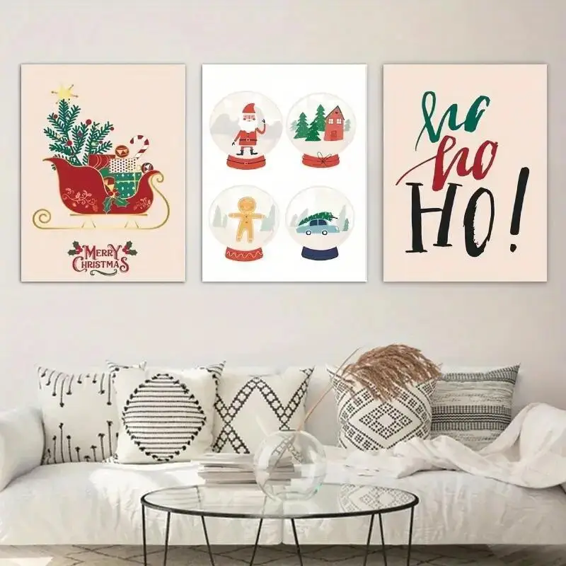 Christmas 3 Panel Canvas Wall Art, Santa Sleigh Snow Globe Prints, Ho Ho Ho Poster, Winter Holiday Home Decor
