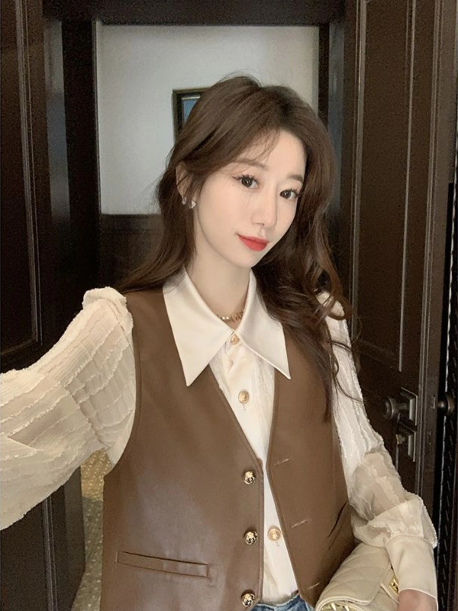 Women's Pu Leather Vests Short Brown Half Lady Giletes Cold Classic Warm Lightweight Padded Korean Style Insulated Autumn Pretty