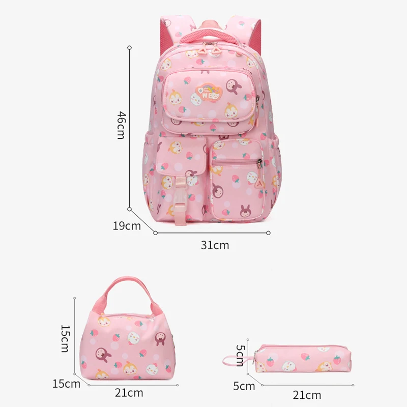 Mochilas escolares para meninas, bolsa de grande capacidade com lancheira, estojo de lápis, mochila de estudantes, bolsa de livros fofa para crianças