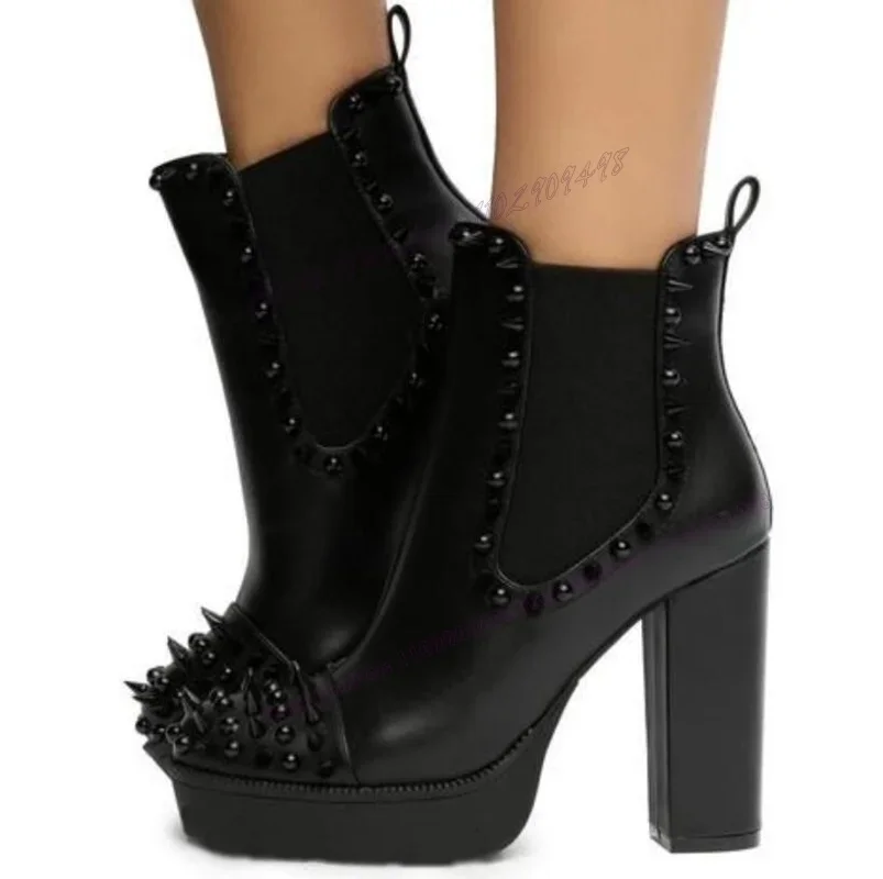 

Black Matte Leather Rivet Platform Punk Boots Chunky High Heels Shoes for Women Round Toe Gothic Shoes 2023 Zapatos Para Mujere
