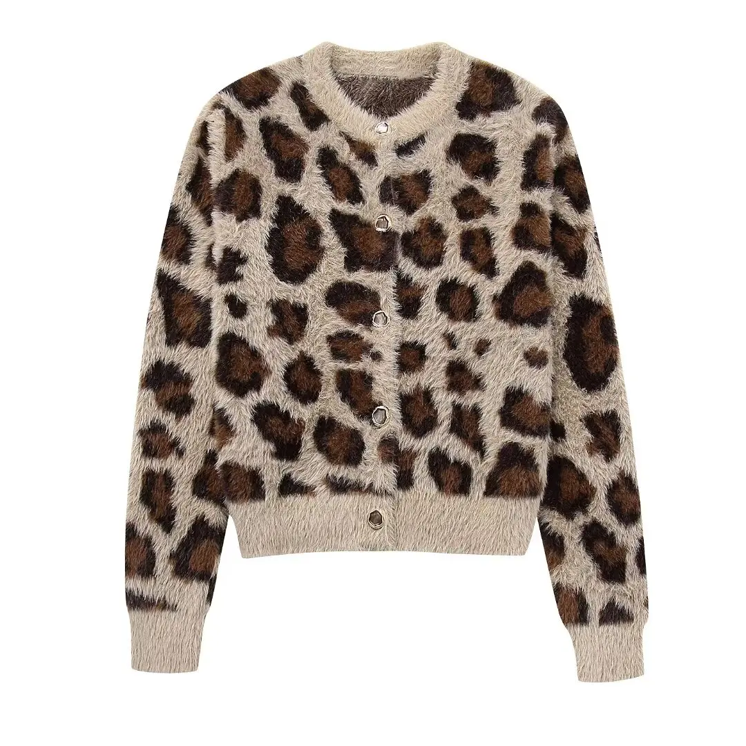 TRAF Women 2024 Autumn and Winter New Fashion Animal Print Knitted Cardigan Chic Round Neck All-Match Button Coat Mujer