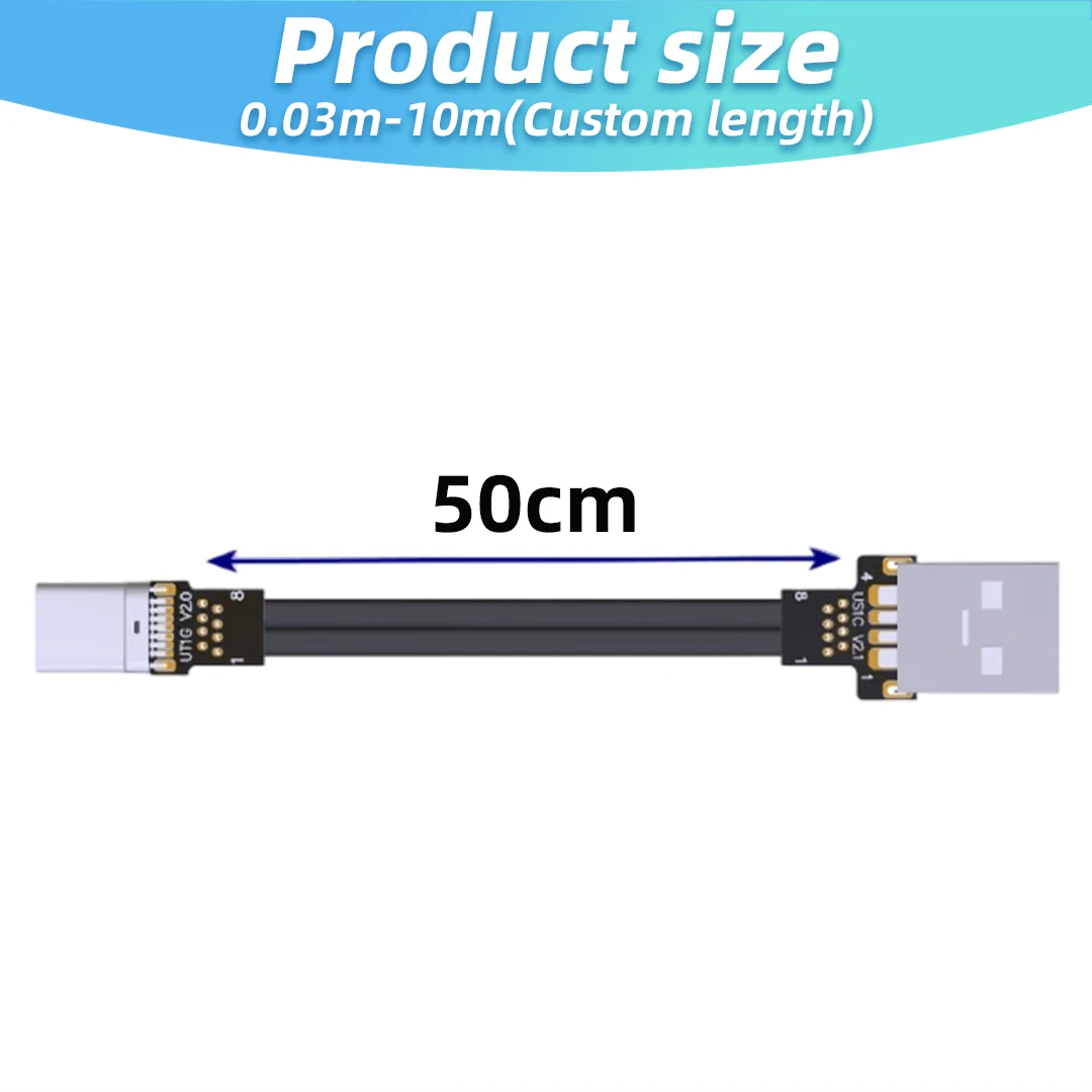 USB 2.0 Type-A To Type-C Flat Charging Data Cable 90 Degree Angle 480Mbps 5A Support High Current 0.03m-10m Customized Length