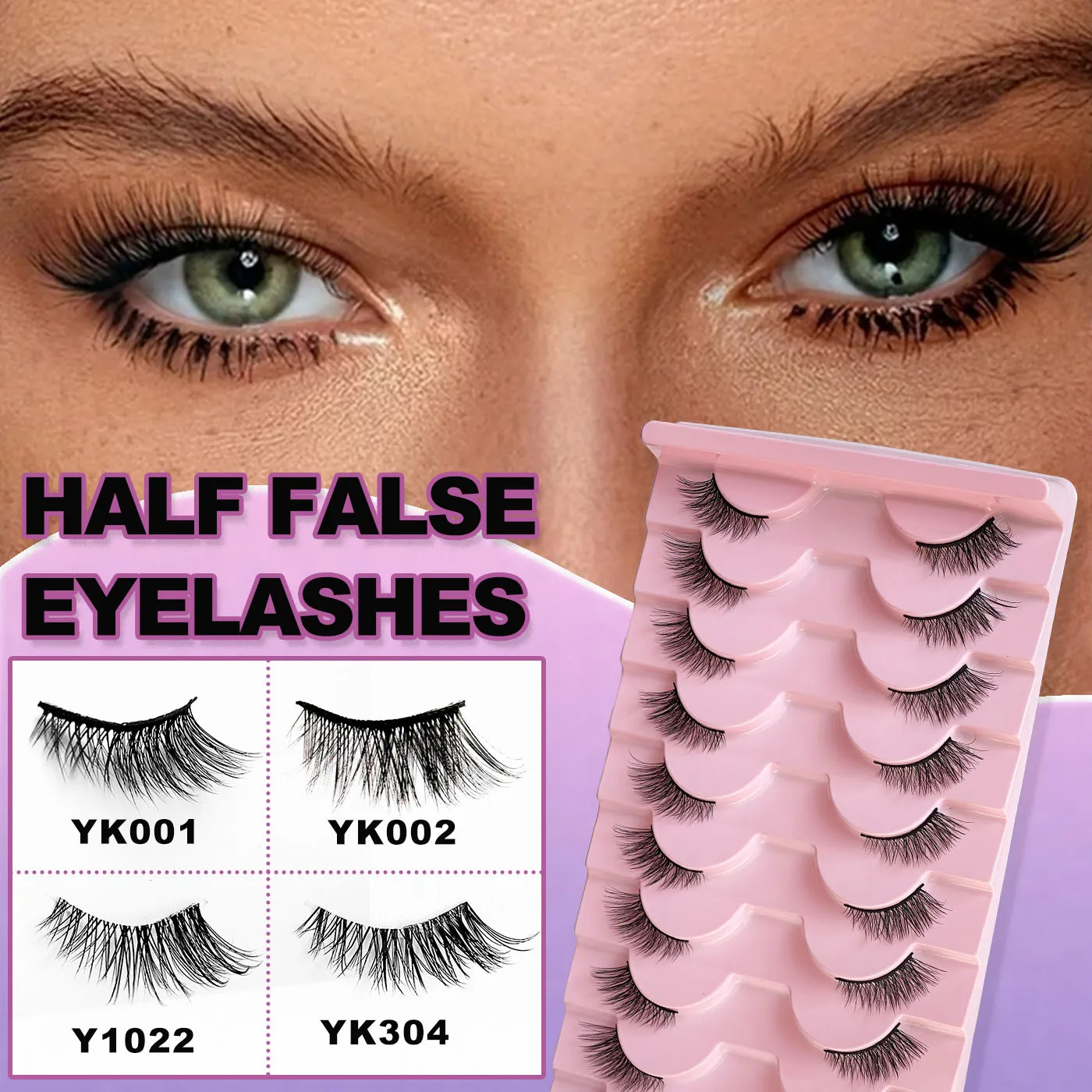 Half-eye lashes with a natural effect, lightweight and short, elongated at the outer corners, suitable for everyday makeup.