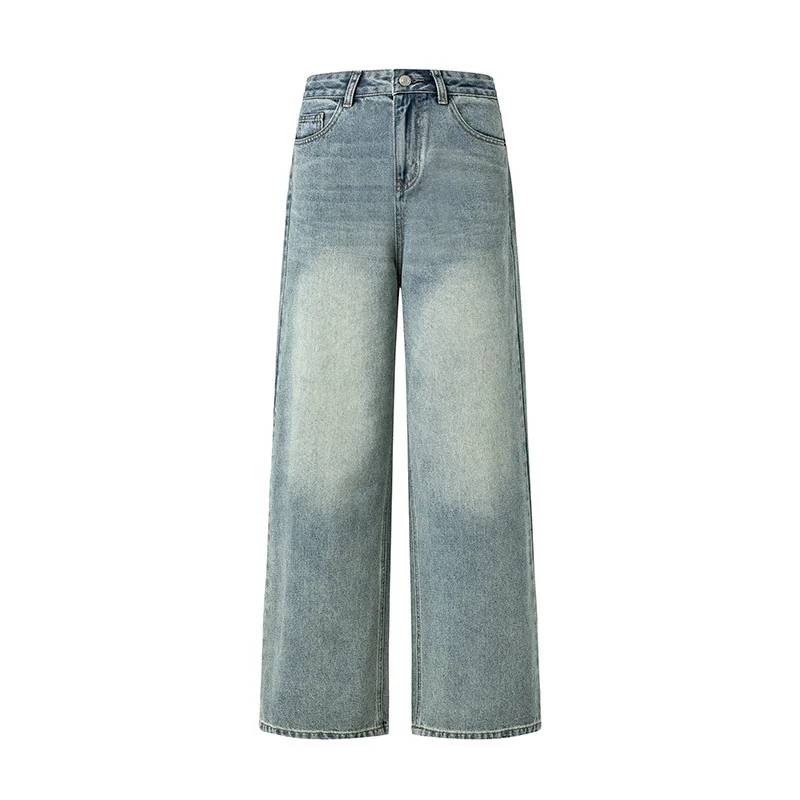 

Vintage blue whiskered light blue distressed washed american loose wide-leg straight-leg pants