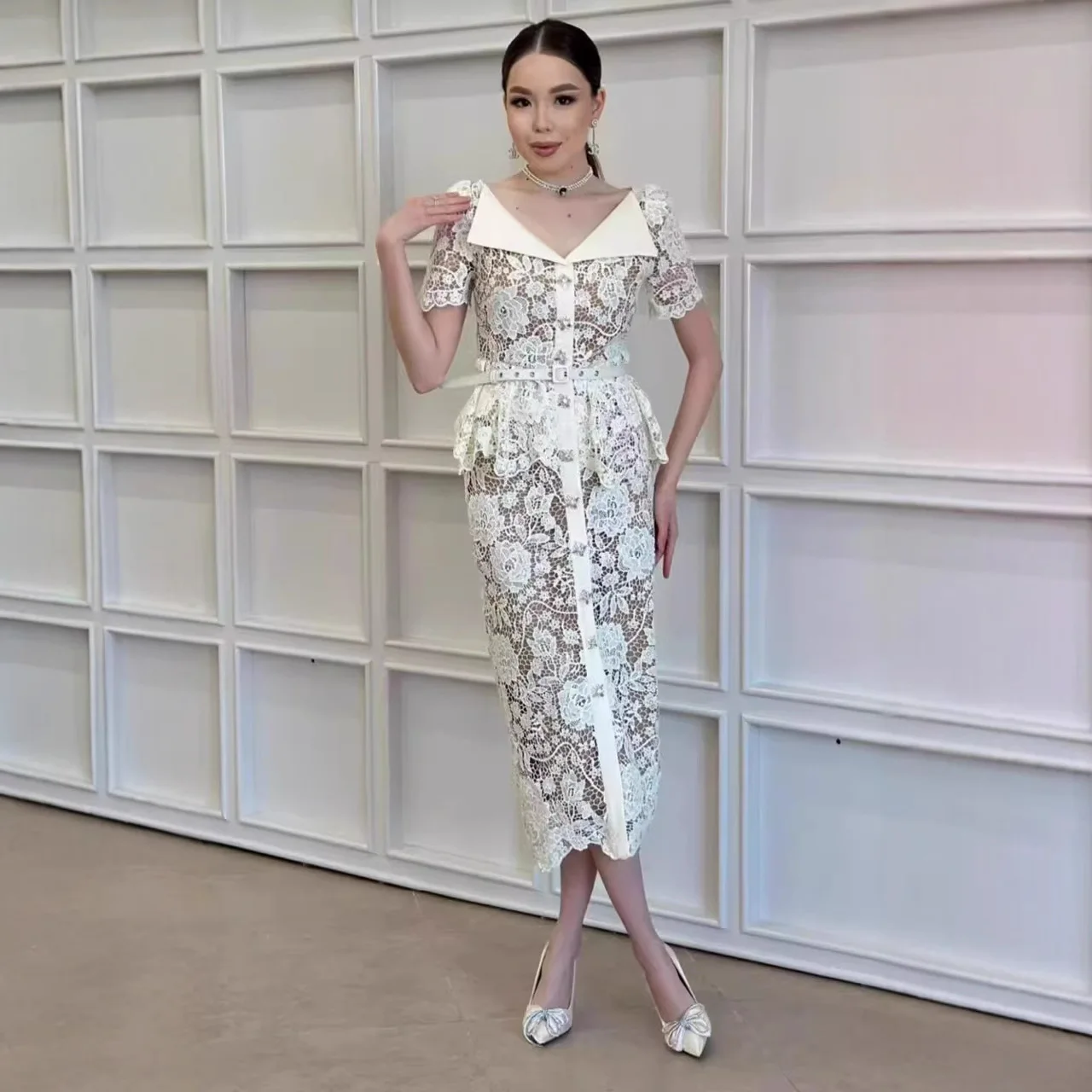 Fashion Chic Lace Bodycon Slim for Women Summer Designer Luxury Short Sleeve Ruffles Midi Long Pencil Dress Vestidos Femme