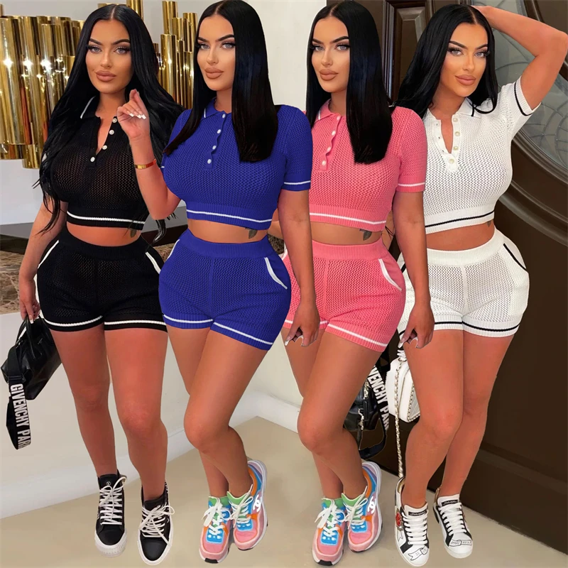 

Summer Knit Shorts Set Women Polo-neck Short Sleeve Crop Tops Pockets Shorts Matching Two Piece Sets Fashion Tracksuits