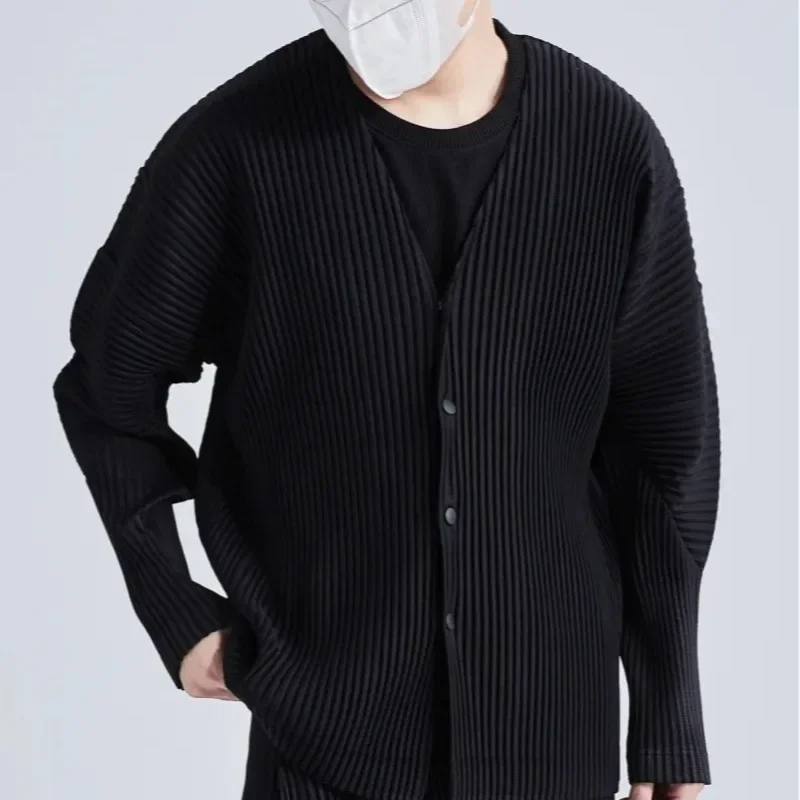 Mikyake Pleated Collarless Cardigan Jacket Autumn and Autumn Leisure Commuter Versatile Men's V-neck Coat Top