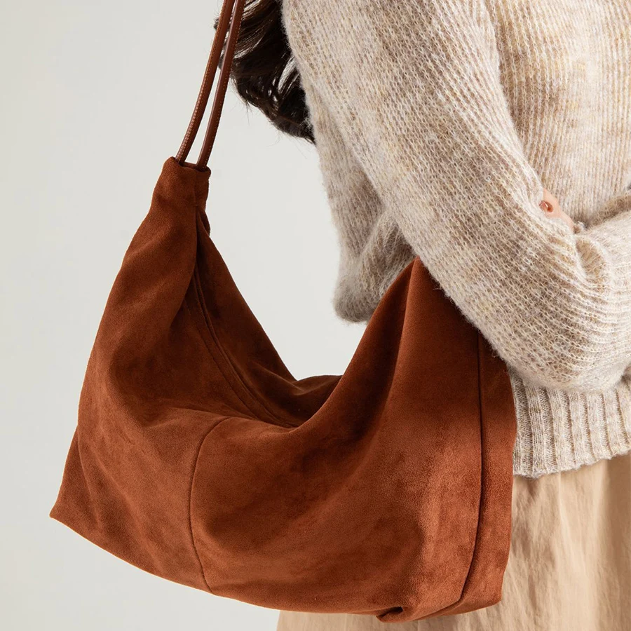 

Женская сумка из искусственной замши в стиле ретро с ручкой сверху, большая вместительная сумка-тоут, высококачественная сумка для подмышек с молнией, однотонная универсальная сумка на плечо