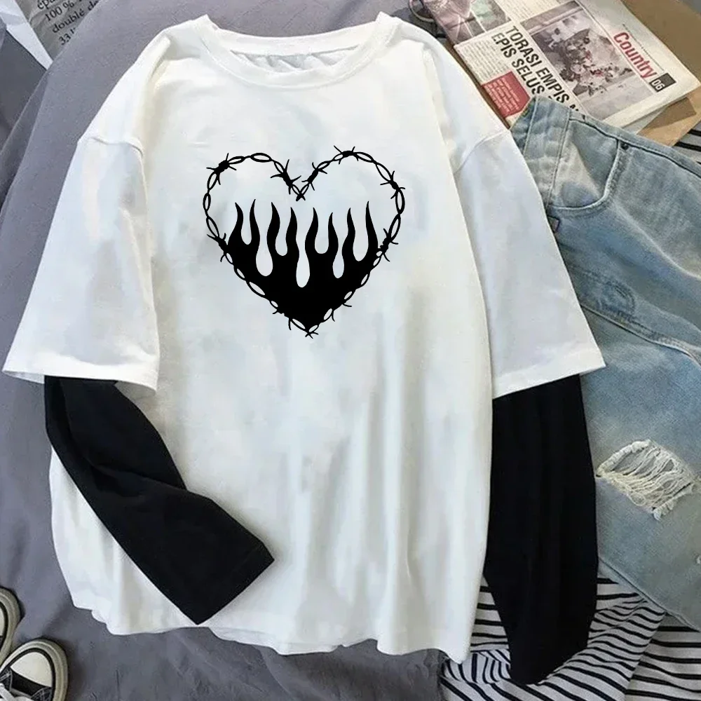 แฟชั่น Punk Dark สไตล์พิมพ์รอบคอเสื้อยืด Y2K กีฬา Harajuku บางผู้หญิงแขนยาว T เสื้อกลางแจ้งเสื้อหลวม