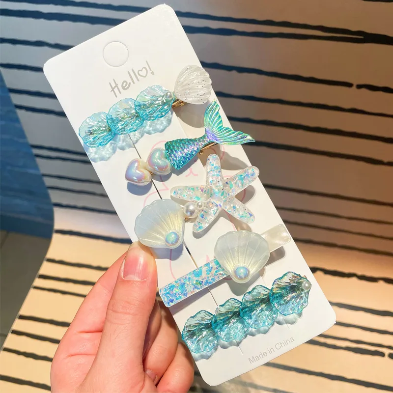 Horquilla de estrella de mar fresca para mujer, Clip lateral de resina, lindo flequillo de sirena, juego combinado de pinzas para el cabello,