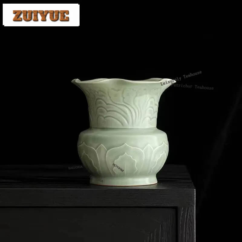 480Ml Handmade Bean Green Glaze Tea Washing Basin Lotus Petal Jianshui Wash Writing-Brush Residue Bucket Chaxi Crafts