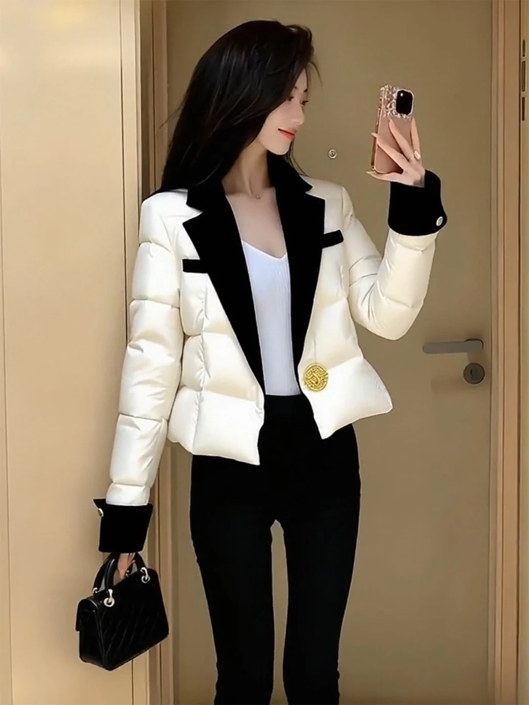 

Элегантный белый пуховик для женщин: модный, премиальный, в стиле «маленький аромат», зимнее пальто, уникальный дизайн, подходит для миниатюрных.