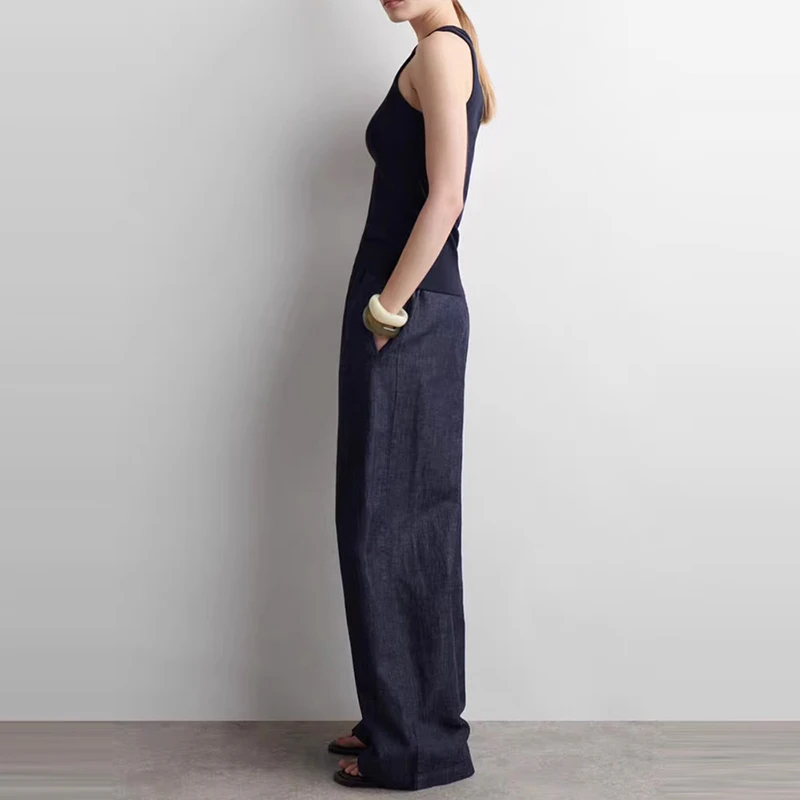 Letnie spodnie damskie z szerokimi nogawkami, z wysokim stanem, prostymi nogawkami, na sznurku w pasie, codzienne, wygodne, dżinsowe spodnie, lato 2025.