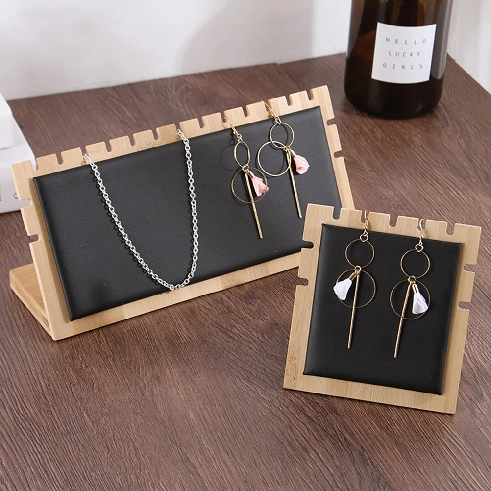 Bamboo Wood Jewelry Organizer Necklace Showing Stand Earrings Holder Display Rack Pendant Frame (Small Size, Black)