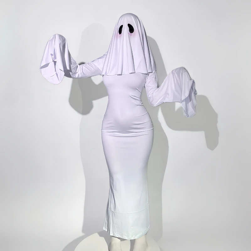 Anime Geister-Cosplay-Kostüm für Frauen, Niedliches Geisterbraut-Kleid in Weiß, Sexy Kleid mit Maske für Halloween-Karnevalsparty, Enganliegendes Kleid mit Schleppe