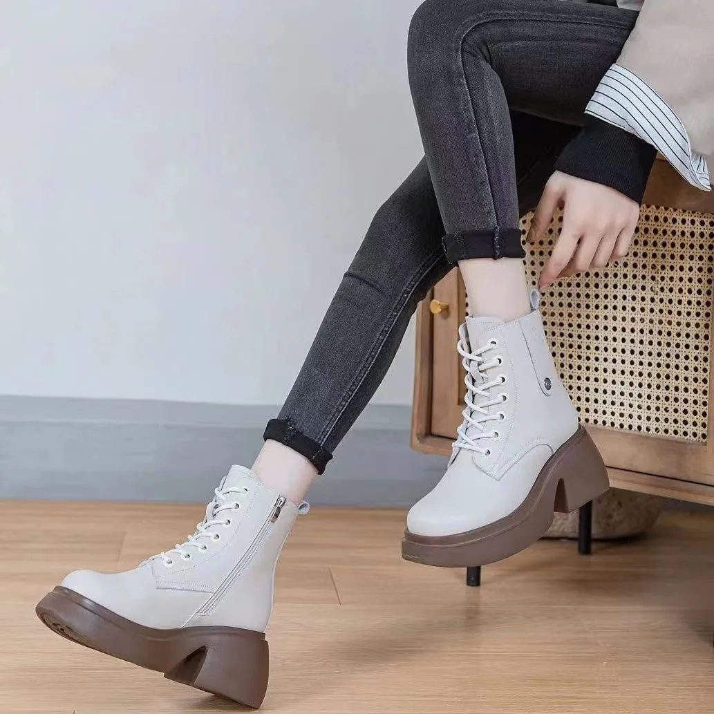 

Genuine Leather Boots ort Zipper Thi Bot Women's Boots Mom's Retro Briti Sle Winter Warm round Toe Boots