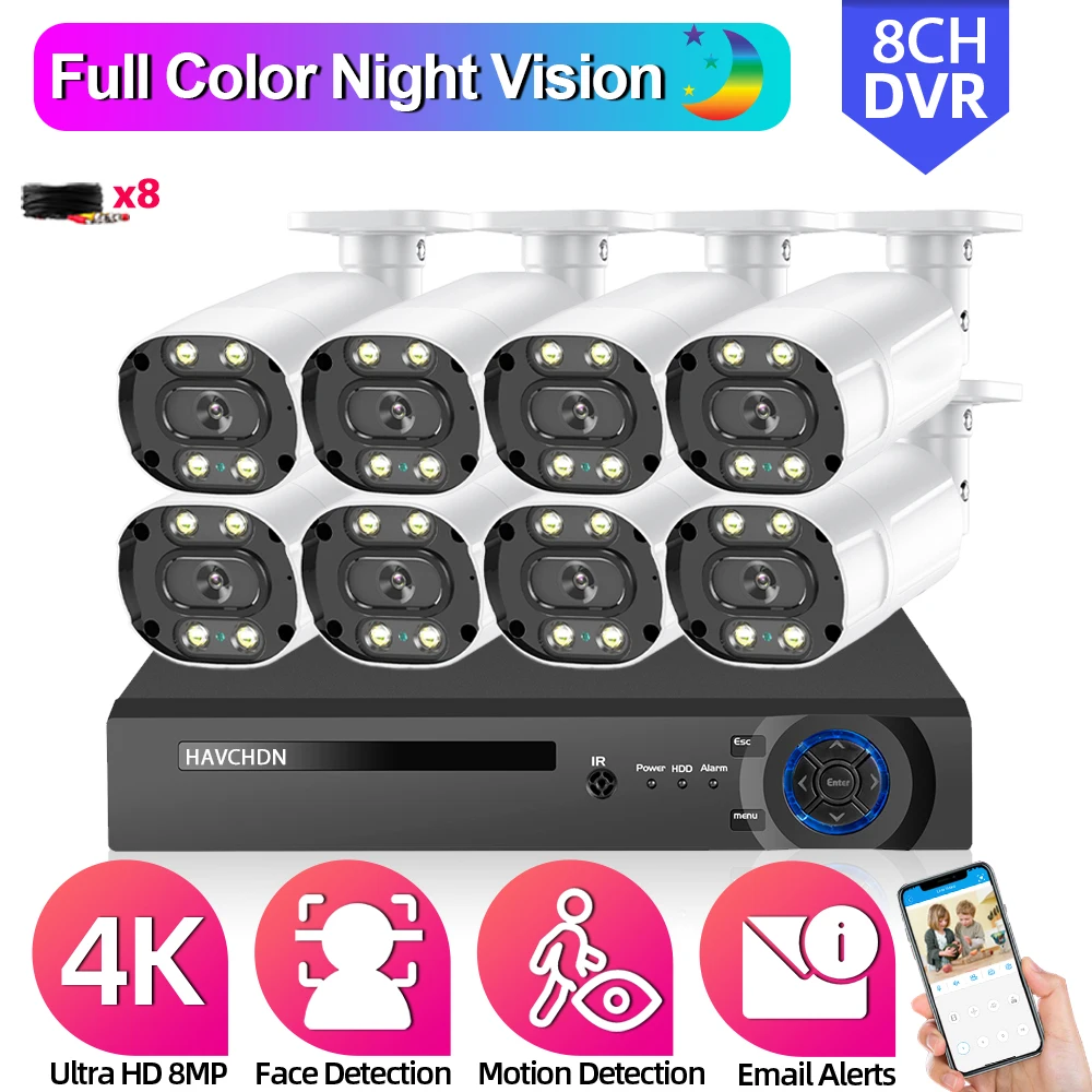 

8CH 4K AHD CCTV Camera System Set Full Color Night Vision Camera Security Surveillance System Kit H.265 8 Channel DVR Kit XMEYE