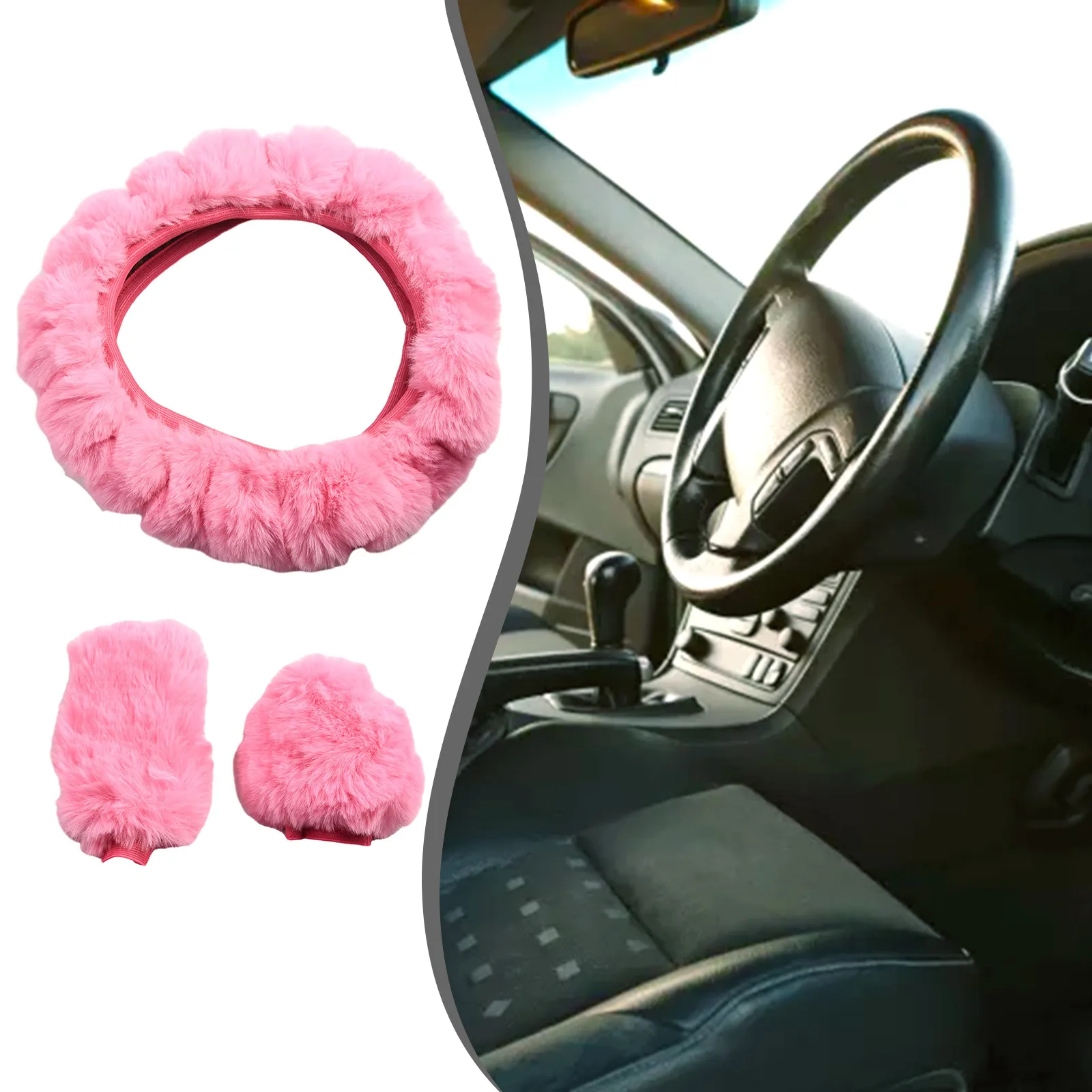 

Car Decor Steering Wheel Cover Auto Car 3 Pcs Comfort Fashion Fluffy Set Shift Gear Cover Thick Warm Accessory