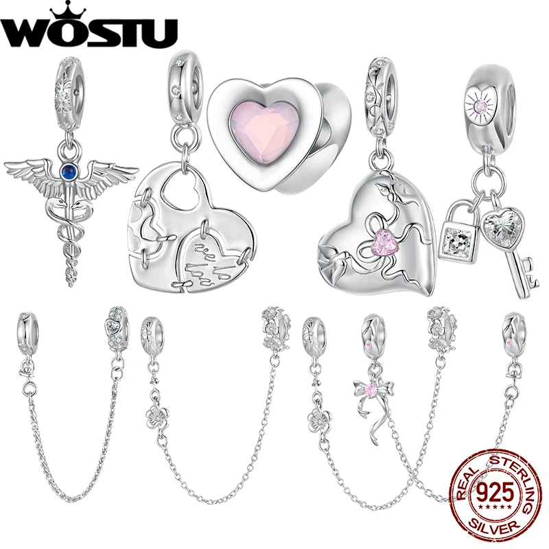 

WOSTU 925 Sterling Silver Heart Charm Love Pendant Lock & Key Safety Chain Original Fit for Women Bracelet DIY Fine Jewelry Gift
