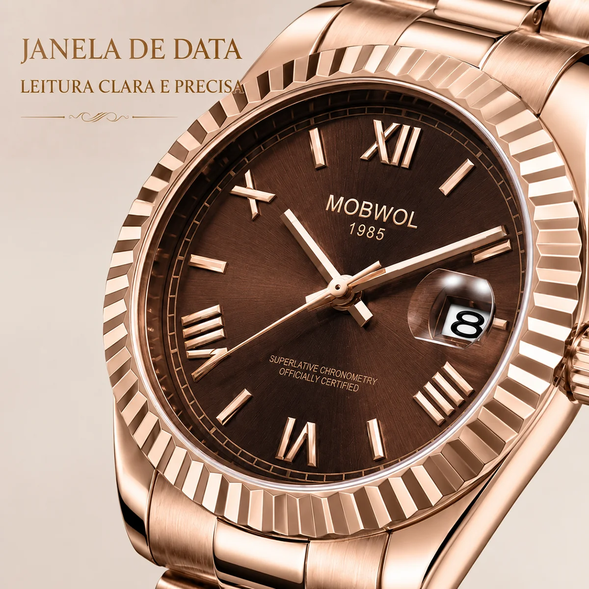 MOBWOL New Luxury Ladies Quartz Watch Rose Gold Stainless Steel Wristwatch Roman Numerals Calendar Women's Watch Perfect Gift