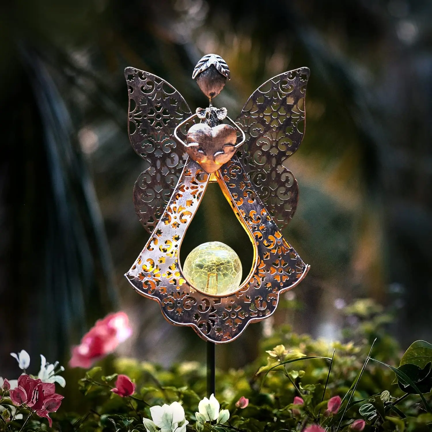 

Solar Garden Lights - Waterproof Metal LED Stake Lights with Crackle Glass for Lawn, Pathway, Patio