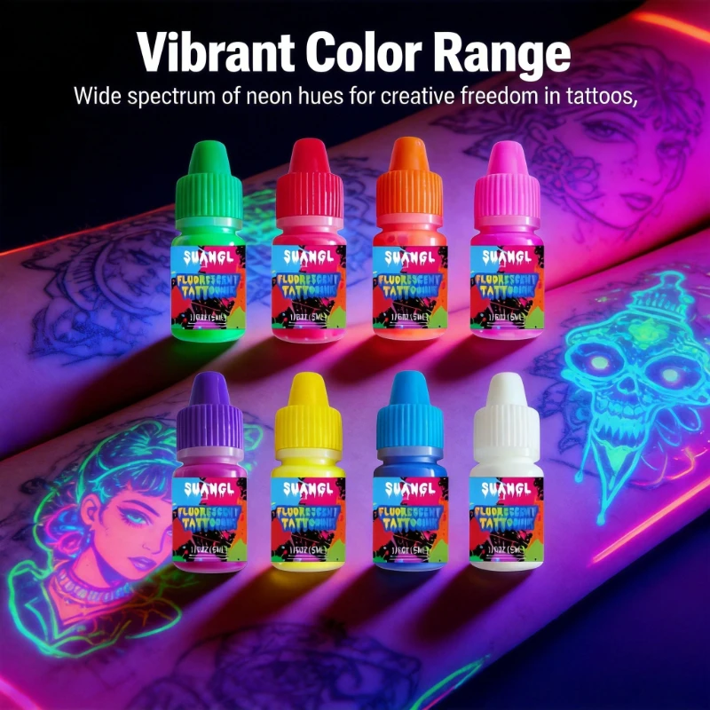 8 Colors 5ml Fluorescence Tattoo Ink Set with 30ml Tattoo Transfer Gel Kit Neon Fluorescent Pigment Party Festival Supplies