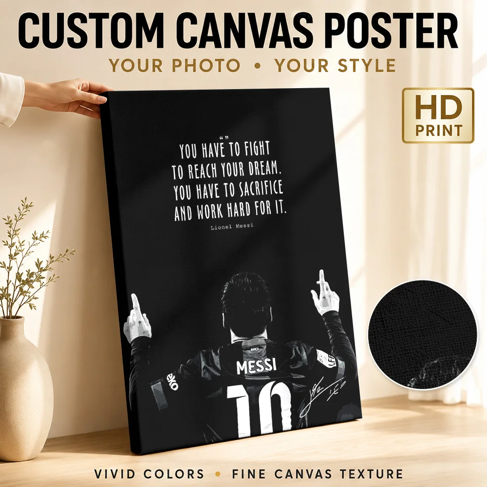 Lionel Messi Inspirational Quote Framed Canvas Poster Personalized Photo Motivational Typography Wall Art for Gym Office Decor