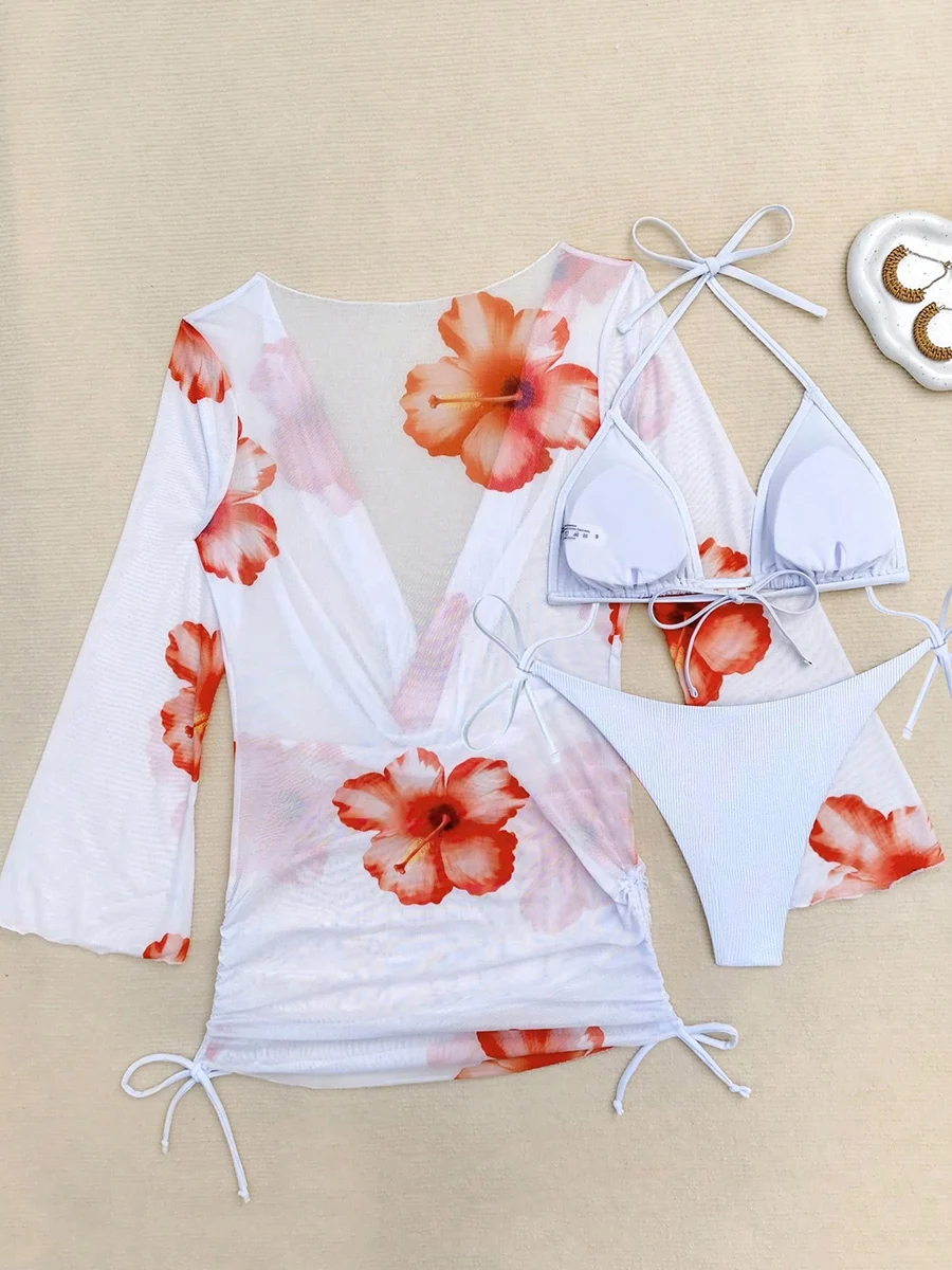 Damski strój kąpielowy: bikini z kwiatowym wzorem, narzutka z siateczki z długim rękawem, trzyczęściowy zestaw bikini, prążkowany kostium kąpielowy, odzież plażowa.