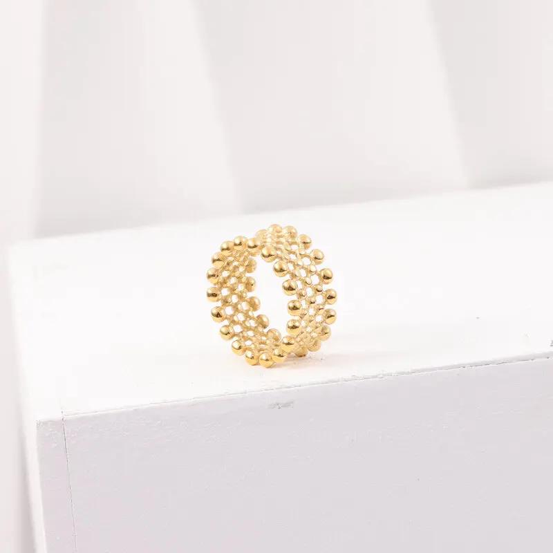 Wide Fashion Round Bead Ring Titanium Steel Plated 18k Gold New Style