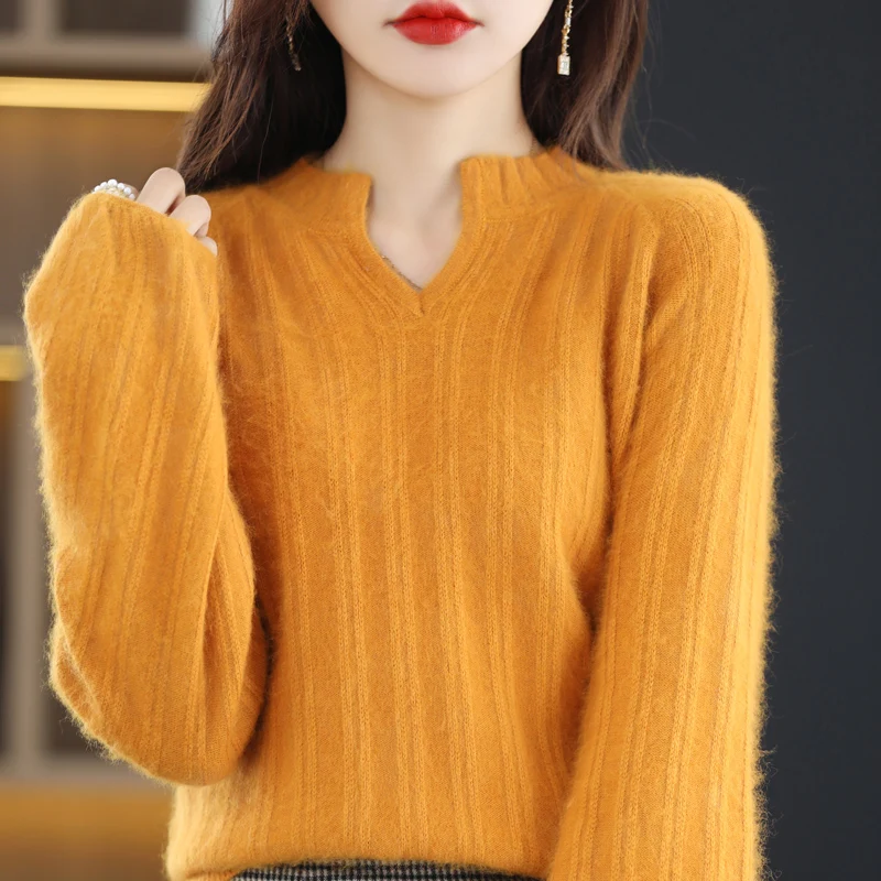 100% Mink Cashmere Soft Lantern Sleeve Sweater Women V-neck Pullover Casual Knit Autumn Winter Warm Solid Color Loose Top