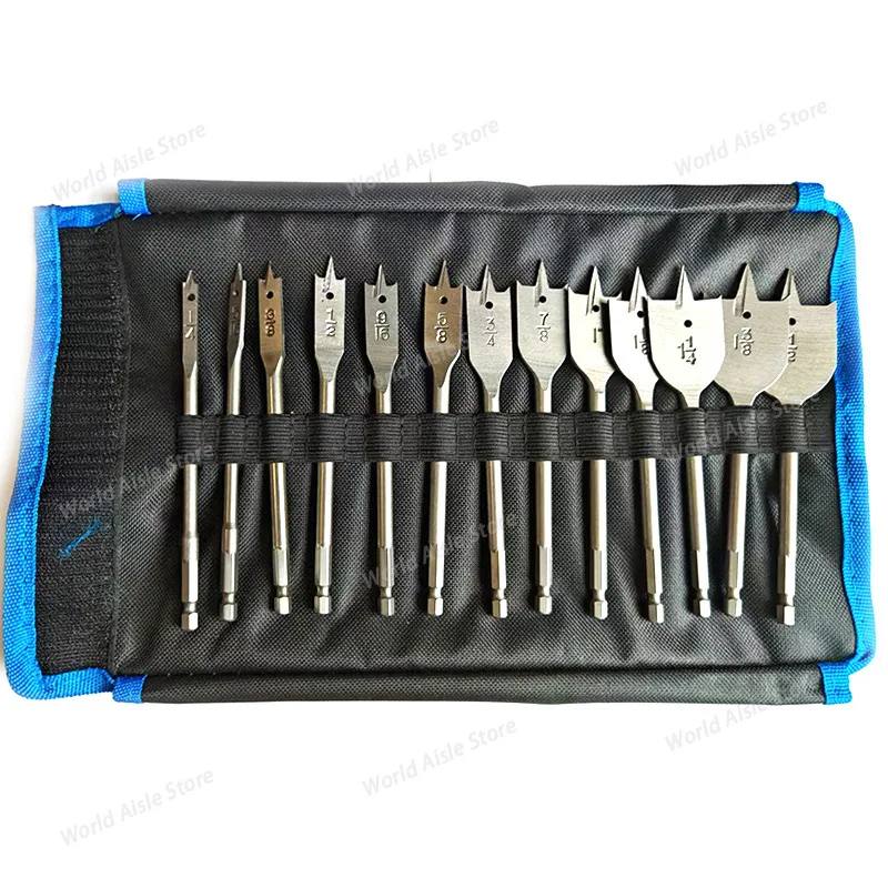 13-Piece Imperial Woodworking Flat Drill Bit Set, 3-Point Hex Shank Spade Drill Bits for Wood Plank Hole Enlarging